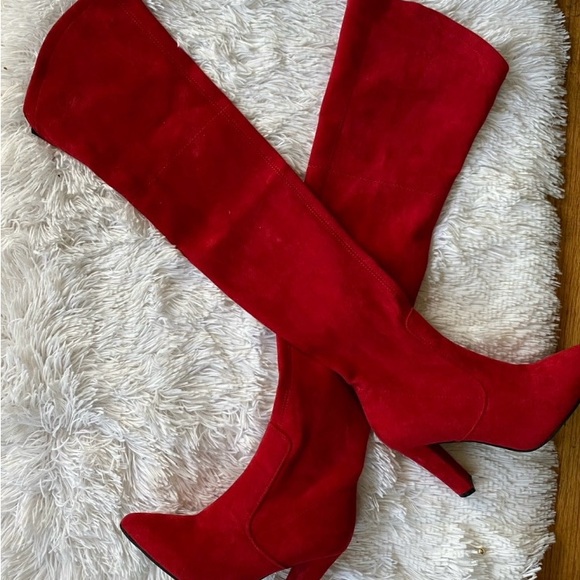 New womens Sz 6.5 over the knee high heels red suede sexy party boots - Picture 5 of 10